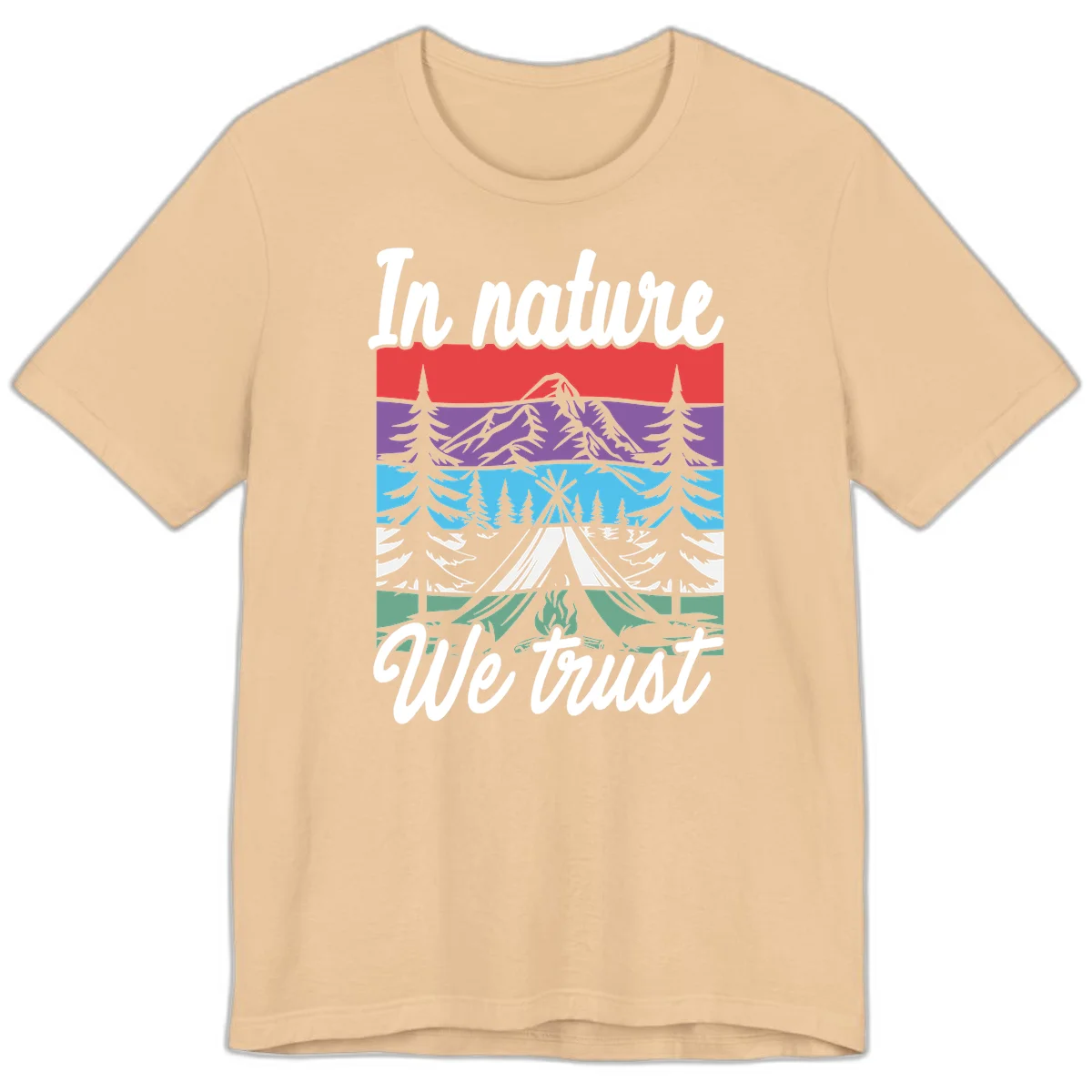 Layered landscape illustration with tent, campfire, mountains and forest trees across color bands with 'In nature We trust' text. in Sand Dune