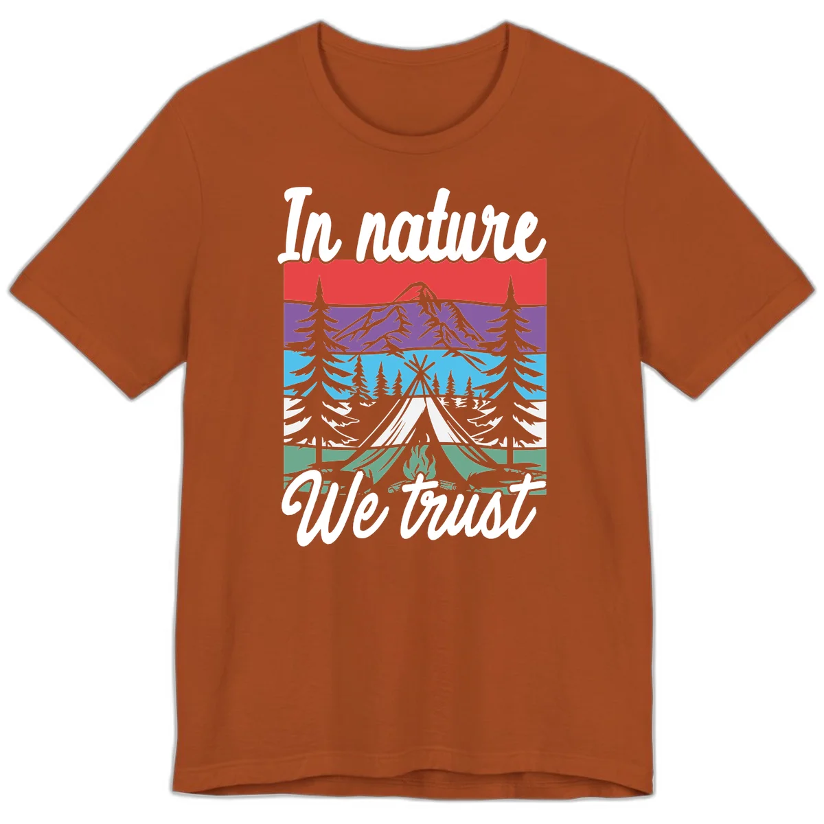 Layered landscape illustration with tent, campfire, mountains and forest trees across color bands with 'In nature We trust' text. in Autumn