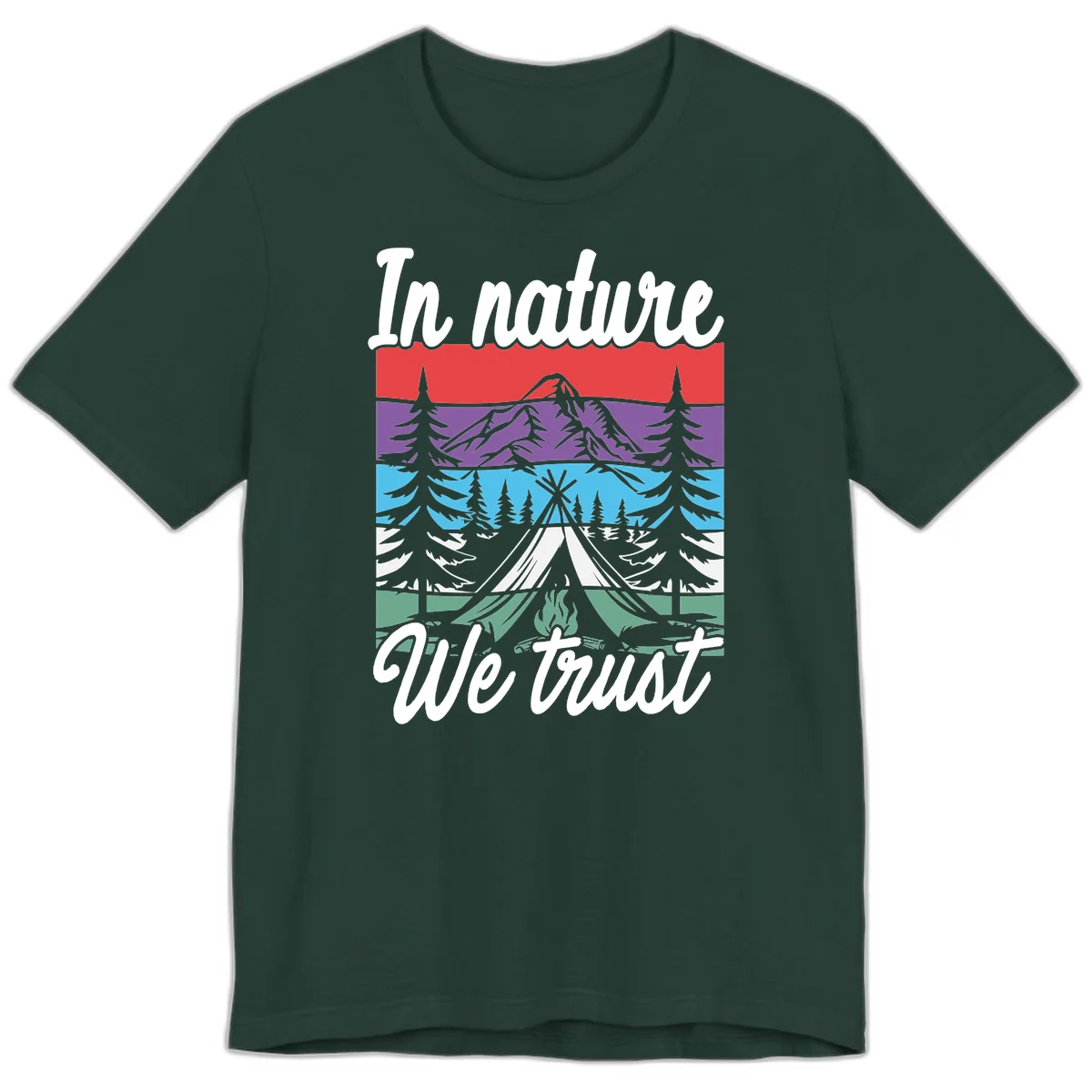 Layered landscape illustration with tent, campfire, mountains and forest trees across color bands with 'In nature We trust' text. in Forest