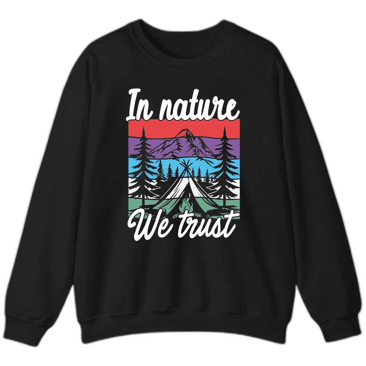 Layered landscape illustration with tent, campfire, mountains and forest trees across color bands with 'In nature We trust' text. in Black