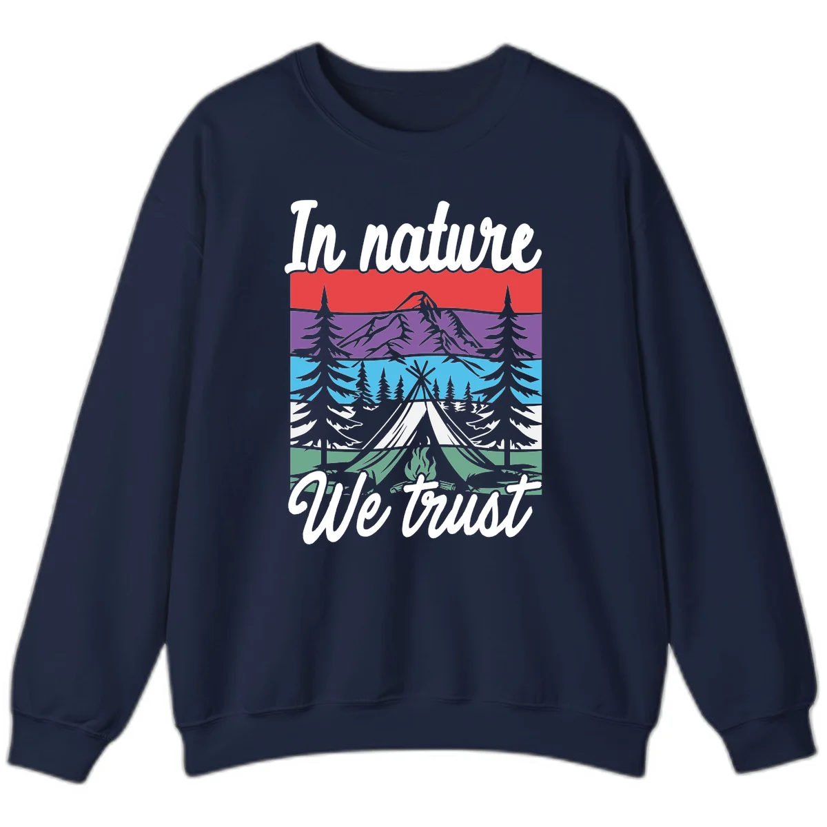 Layered landscape illustration with tent, campfire, mountains and forest trees across color bands with 'In nature We trust' text. in Navy