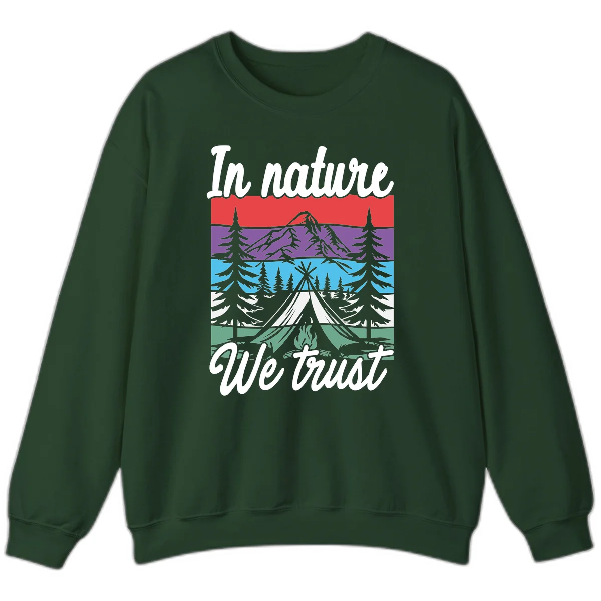 Layered landscape illustration with tent, campfire, mountains and forest trees across color bands with 'In nature We trust' text. in Forest Green