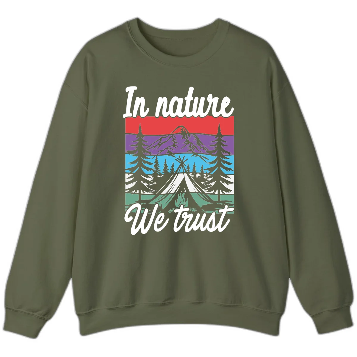 Layered landscape illustration with tent, campfire, mountains and forest trees across color bands with 'In nature We trust' text. in Military Green