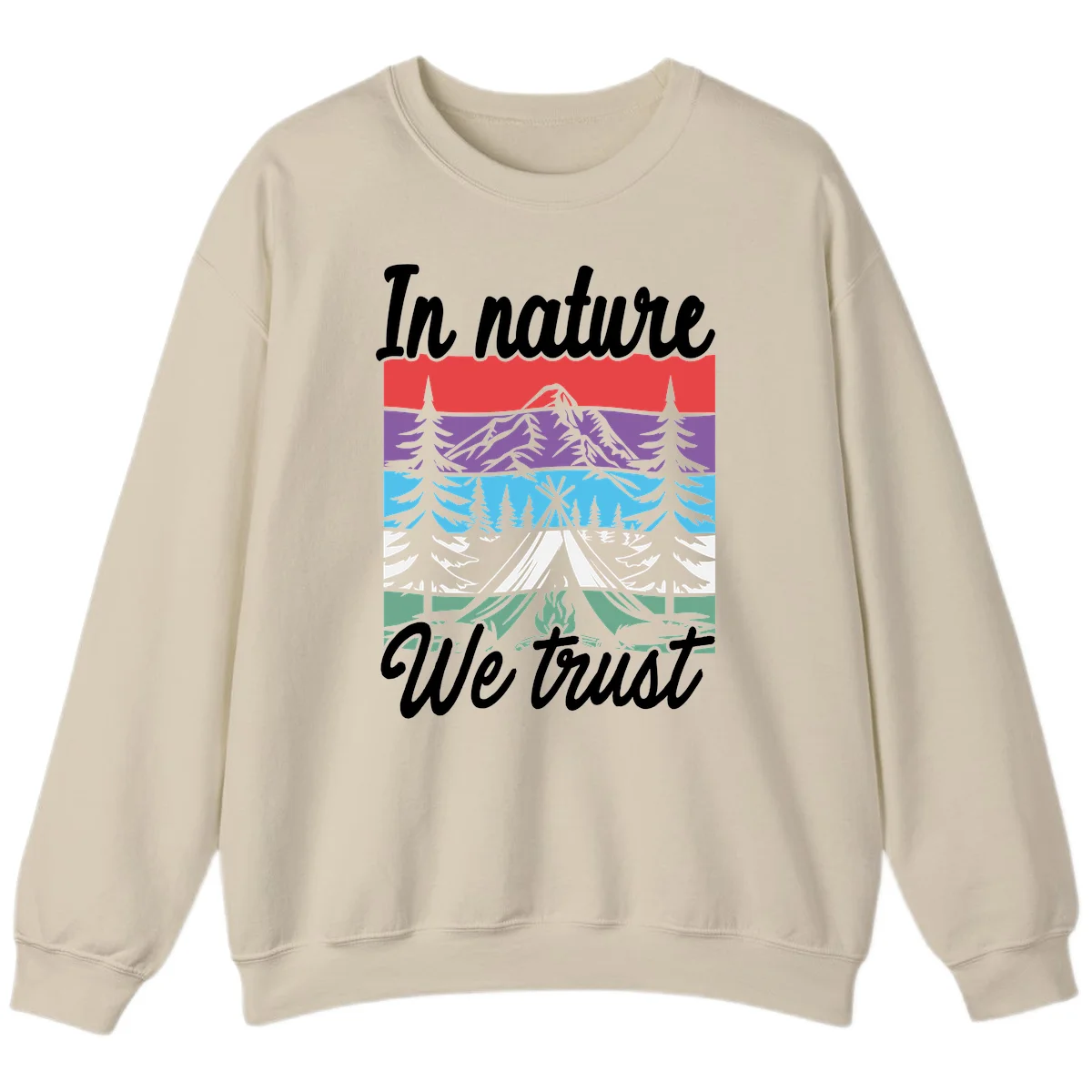 Layered landscape illustration with tent, campfire, mountains and forest trees across color bands with 'In nature We trust' text. in Sand