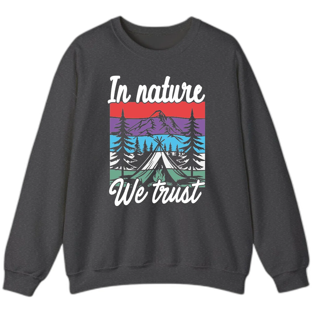 Layered landscape illustration with tent, campfire, mountains and forest trees across color bands with 'In nature We trust' text. in Dark Heather