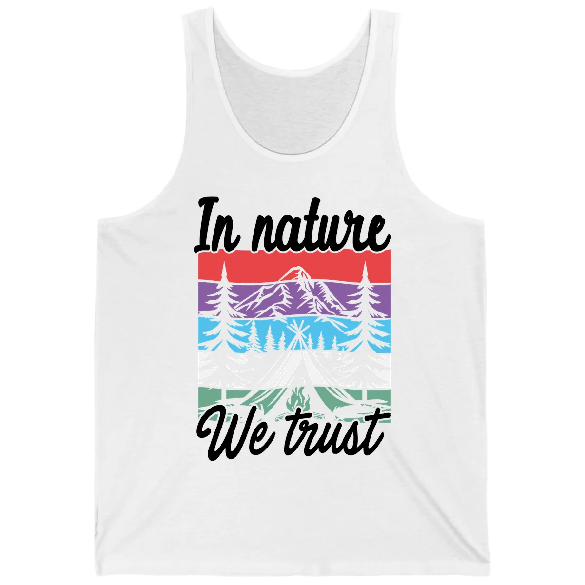 Layered landscape illustration with tent, campfire, mountains and forest trees across color bands with 'In nature We trust' text. in White