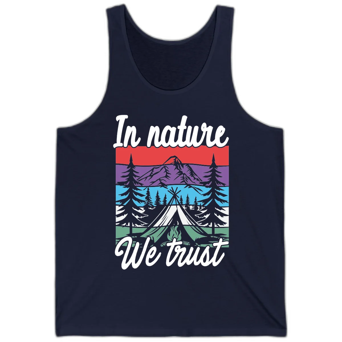 Layered landscape illustration with tent, campfire, mountains and forest trees across color bands with 'In nature We trust' text. in Navy
