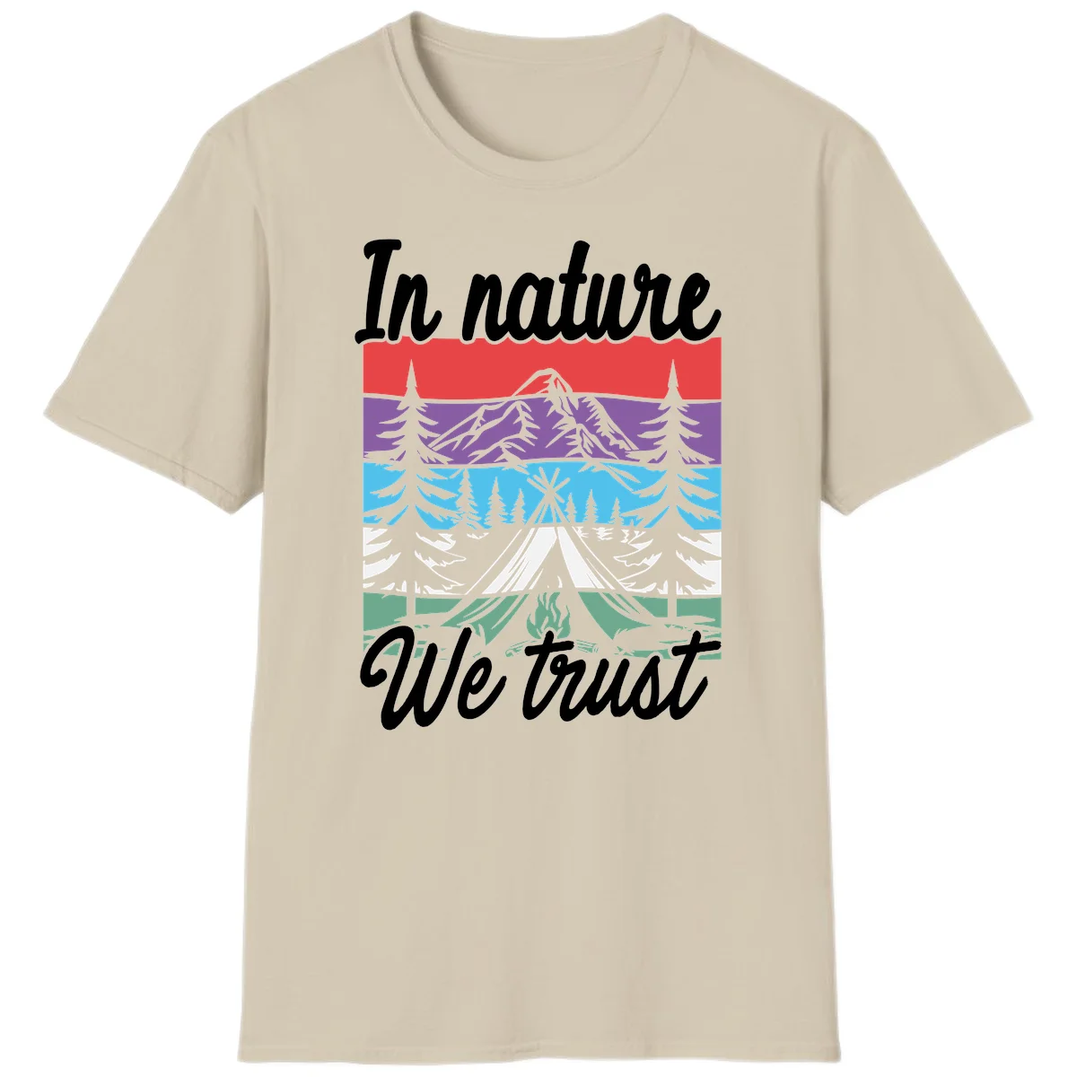 Layered landscape illustration with tent, campfire, mountains and forest trees across color bands with 'In nature We trust' text. in Sand