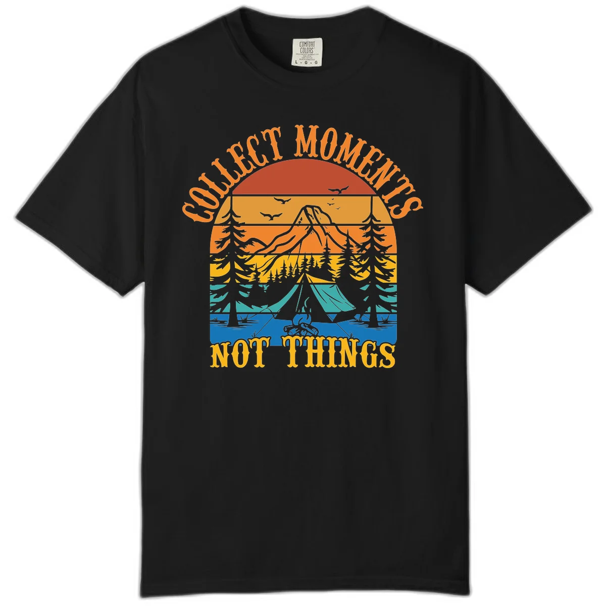 Retro layered landscape showing sunset, mountains, forest, tent and campfire with 'Quiet Mornings Not Things' text in Black