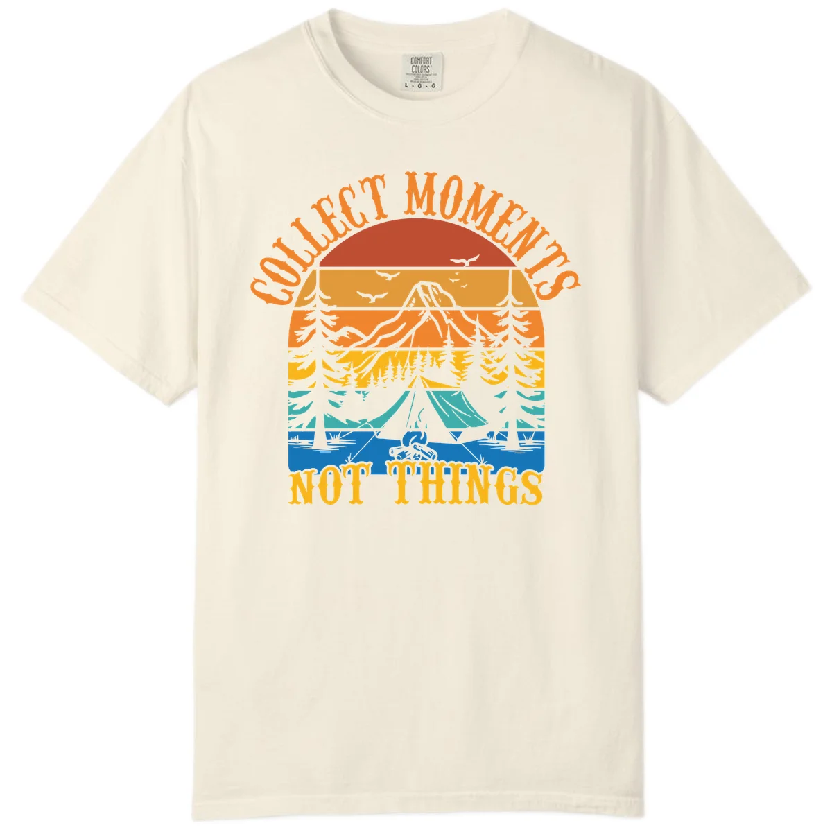 Retro layered landscape showing sunset, mountains, forest, tent and campfire with 'Quiet Mornings Not Things' text in Ivory