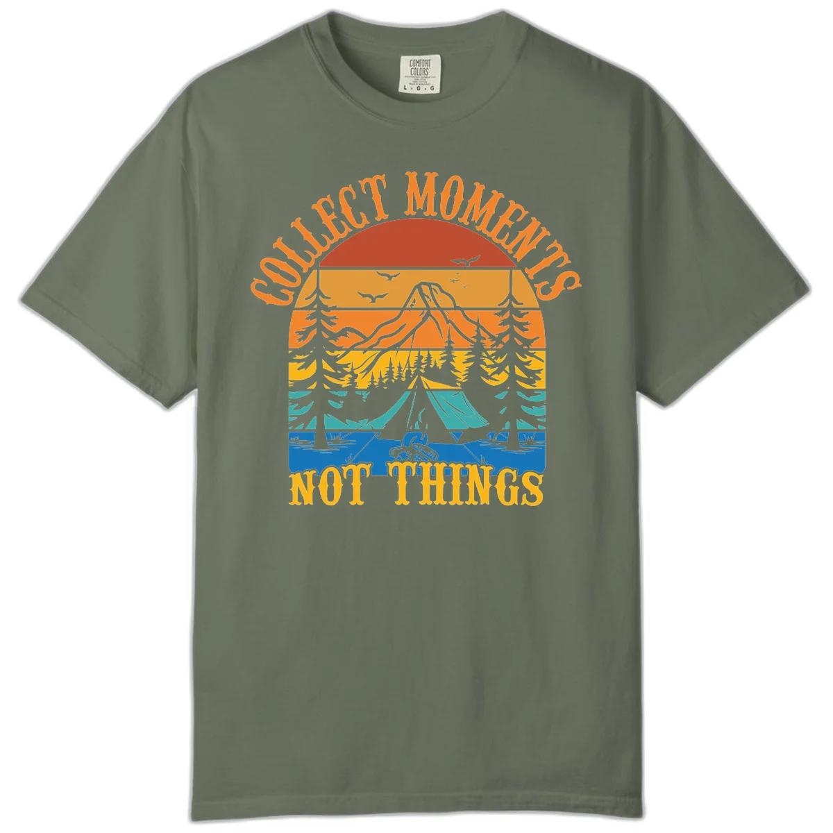 Retro layered landscape showing sunset, mountains, forest, tent and campfire with 'Quiet Mornings Not Things' text in Moss