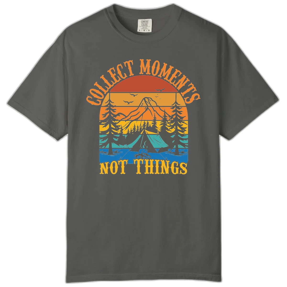 Retro layered landscape showing sunset, mountains, forest, tent and campfire with 'Quiet Mornings Not Things' text in Pepper
