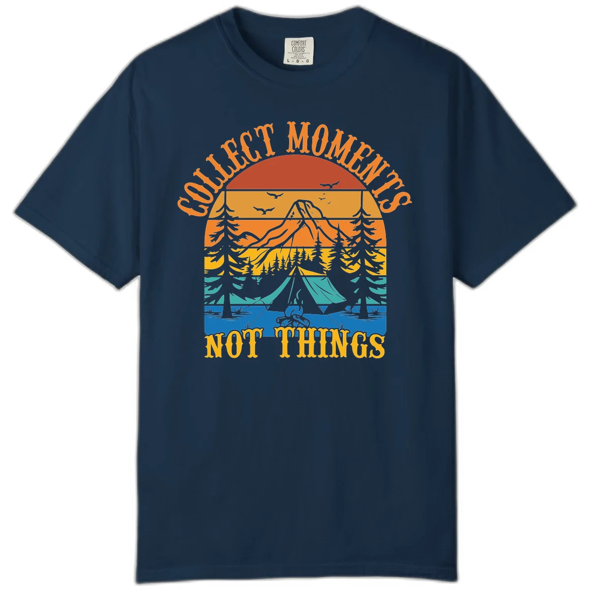 Retro layered landscape showing sunset, mountains, forest, tent and campfire with 'Quiet Mornings Not Things' text in True Navy
