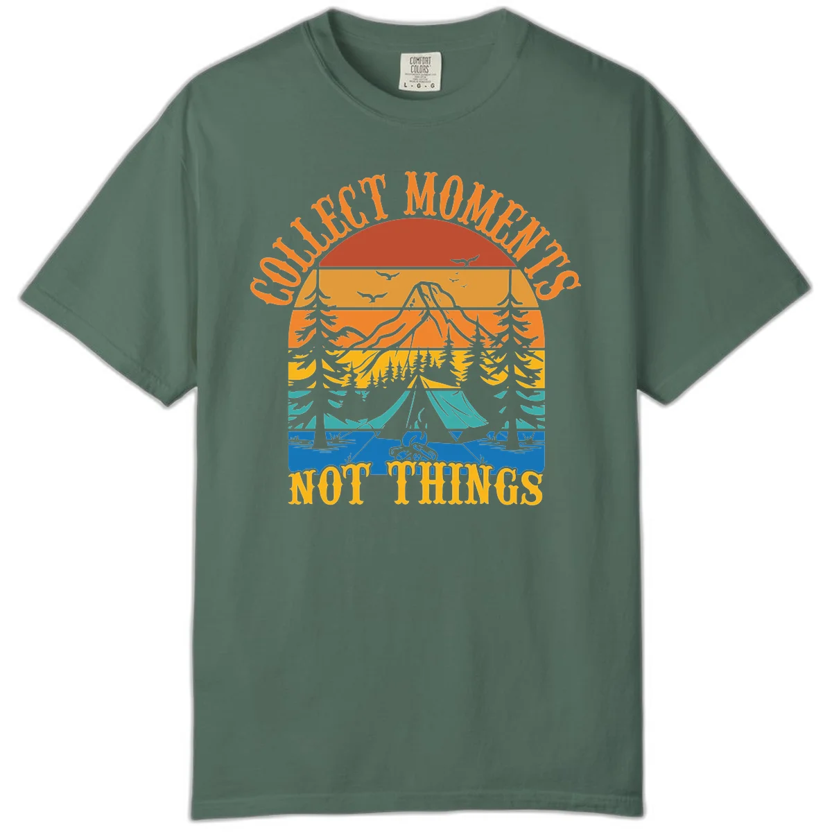 Retro layered landscape showing sunset, mountains, forest, tent and campfire with 'Quiet Mornings Not Things' text in Blue Spruce