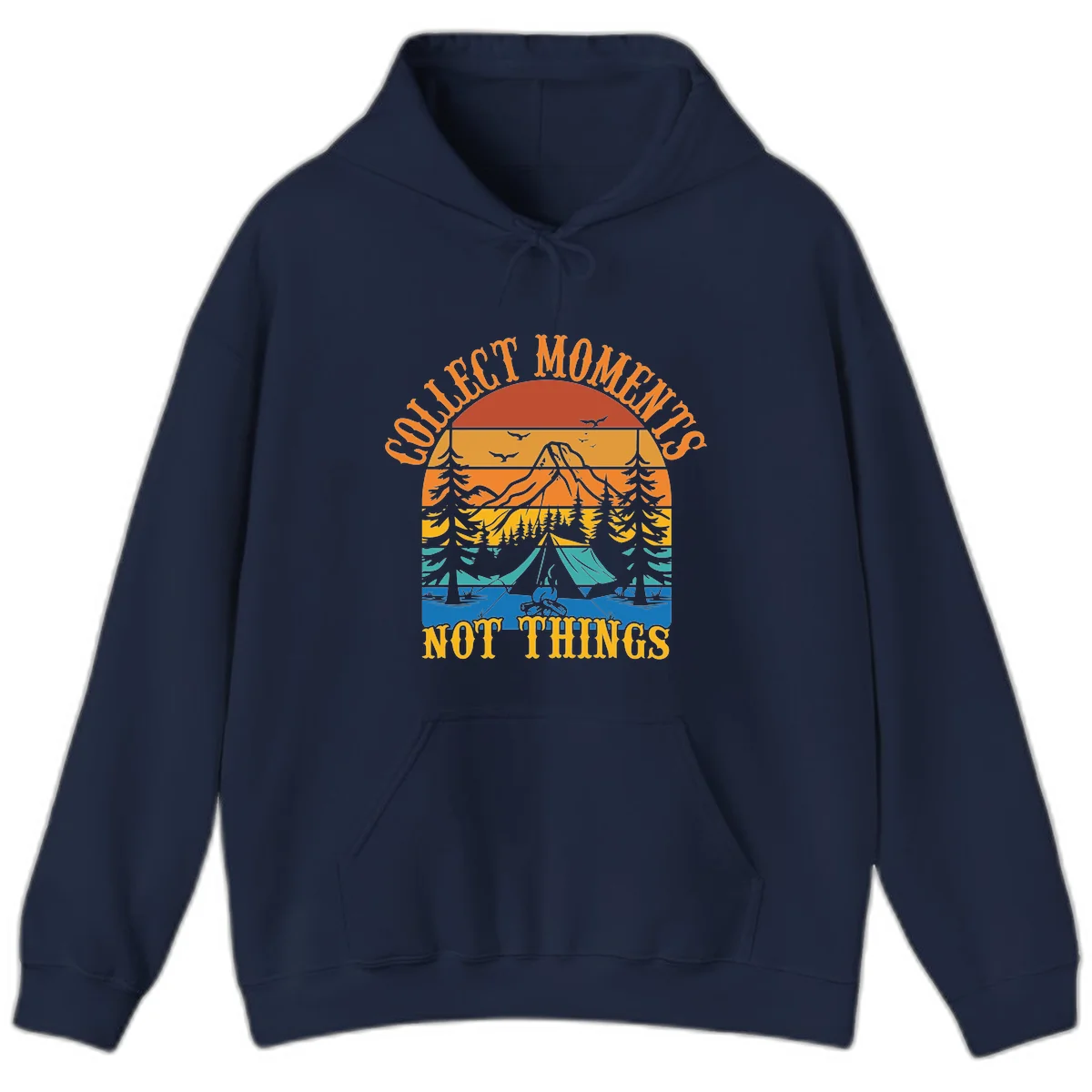 Retro layered landscape showing sunset, mountains, forest, tent and campfire with 'Quiet Mornings Not Things' text in Navy
