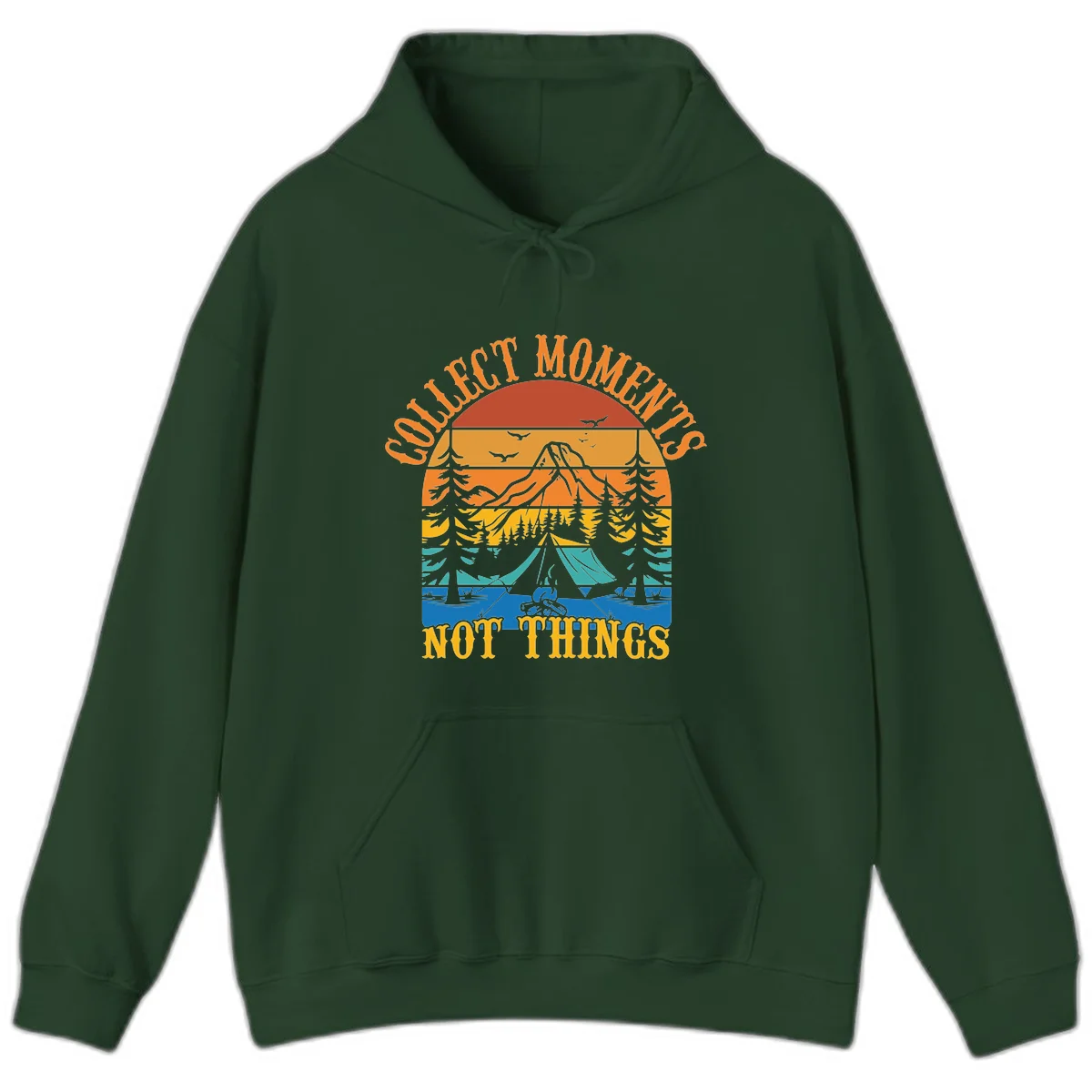 Retro layered landscape showing sunset, mountains, forest, tent and campfire with 'Quiet Mornings Not Things' text in Forest Green