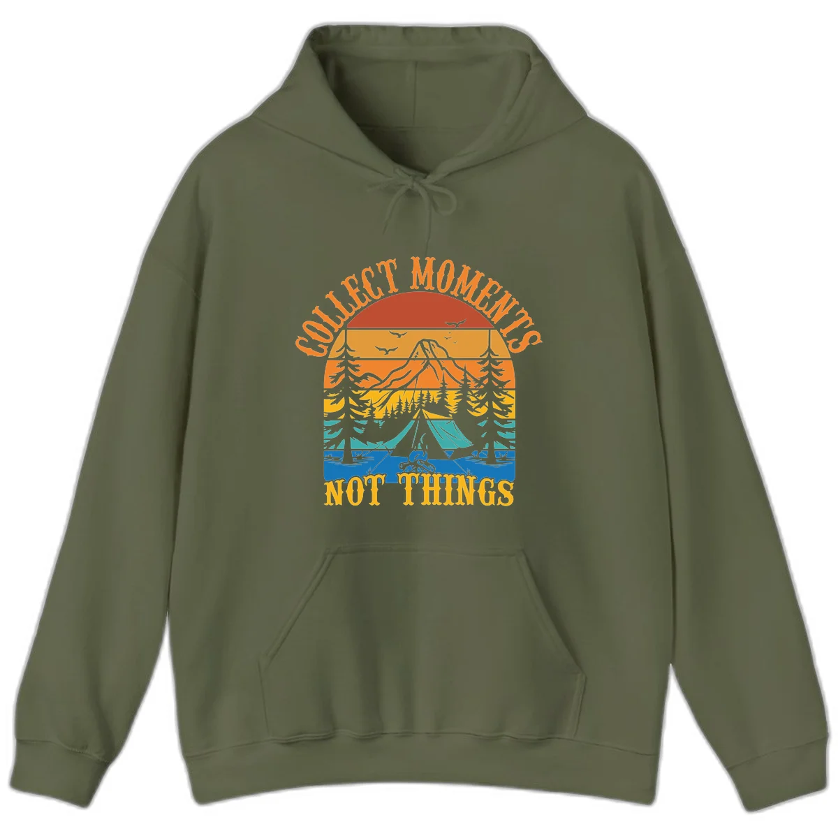 Retro layered landscape showing sunset, mountains, forest, tent and campfire with 'Quiet Mornings Not Things' text in Military Green