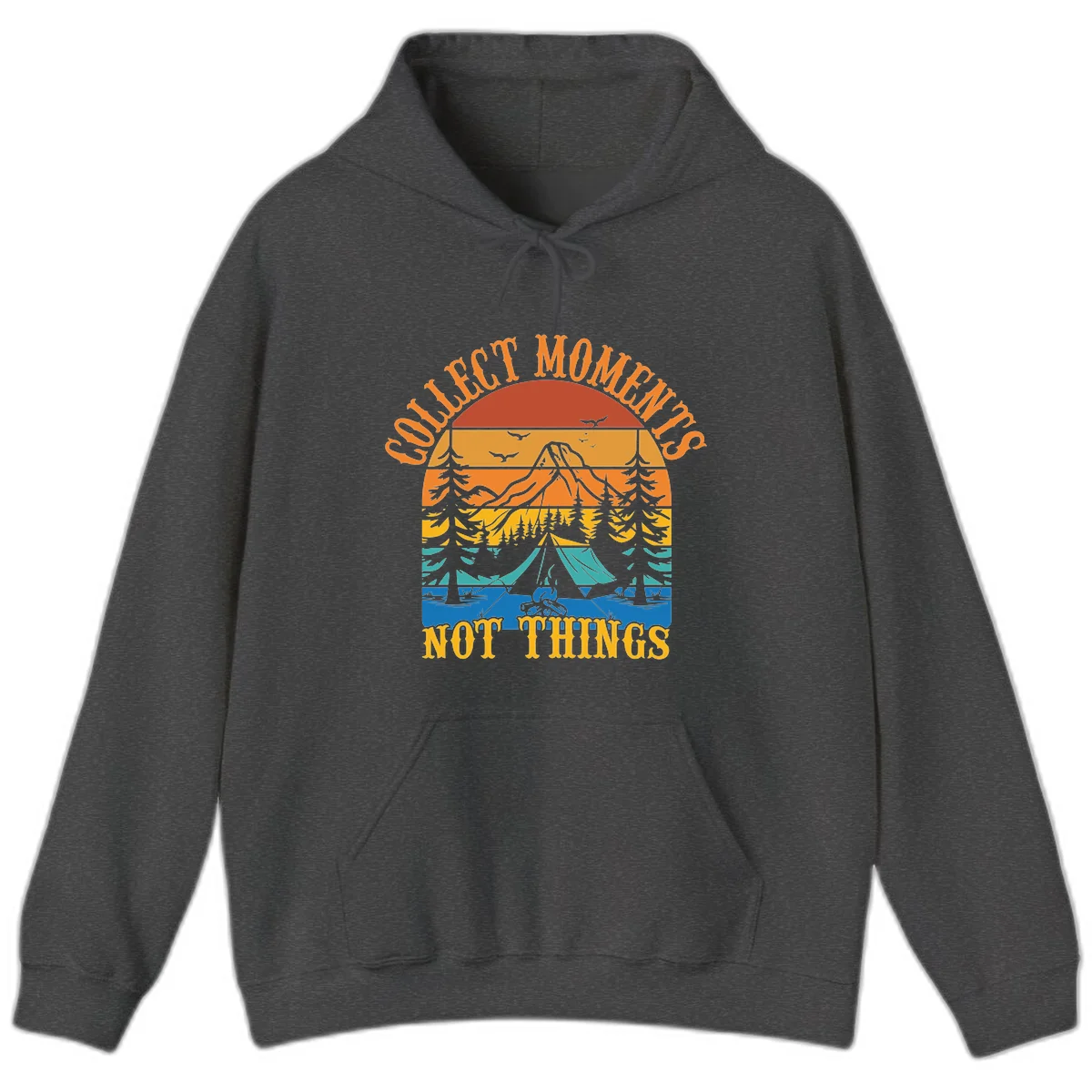 Retro layered landscape showing sunset, mountains, forest, tent and campfire with 'Quiet Mornings Not Things' text in Dark Heather