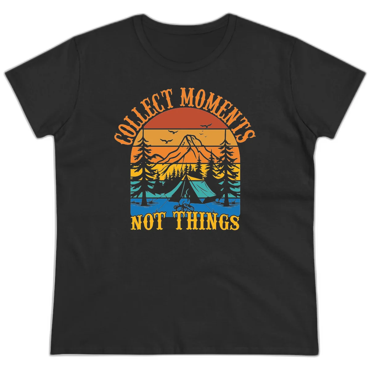 Retro layered landscape showing sunset, mountains, forest, tent and campfire with 'Quiet Mornings Not Things' text in Black