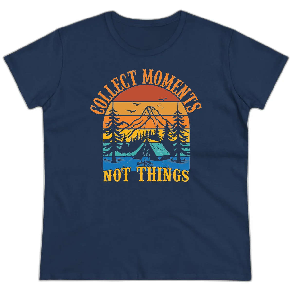 Retro layered landscape showing sunset, mountains, forest, tent and campfire with 'Quiet Mornings Not Things' text in Navy