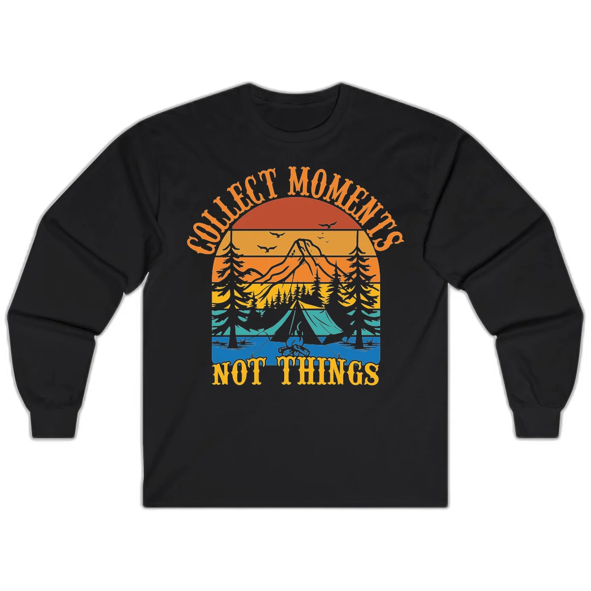 Retro layered landscape showing sunset, mountains, forest, tent and campfire with 'Quiet Mornings Not Things' text in Black