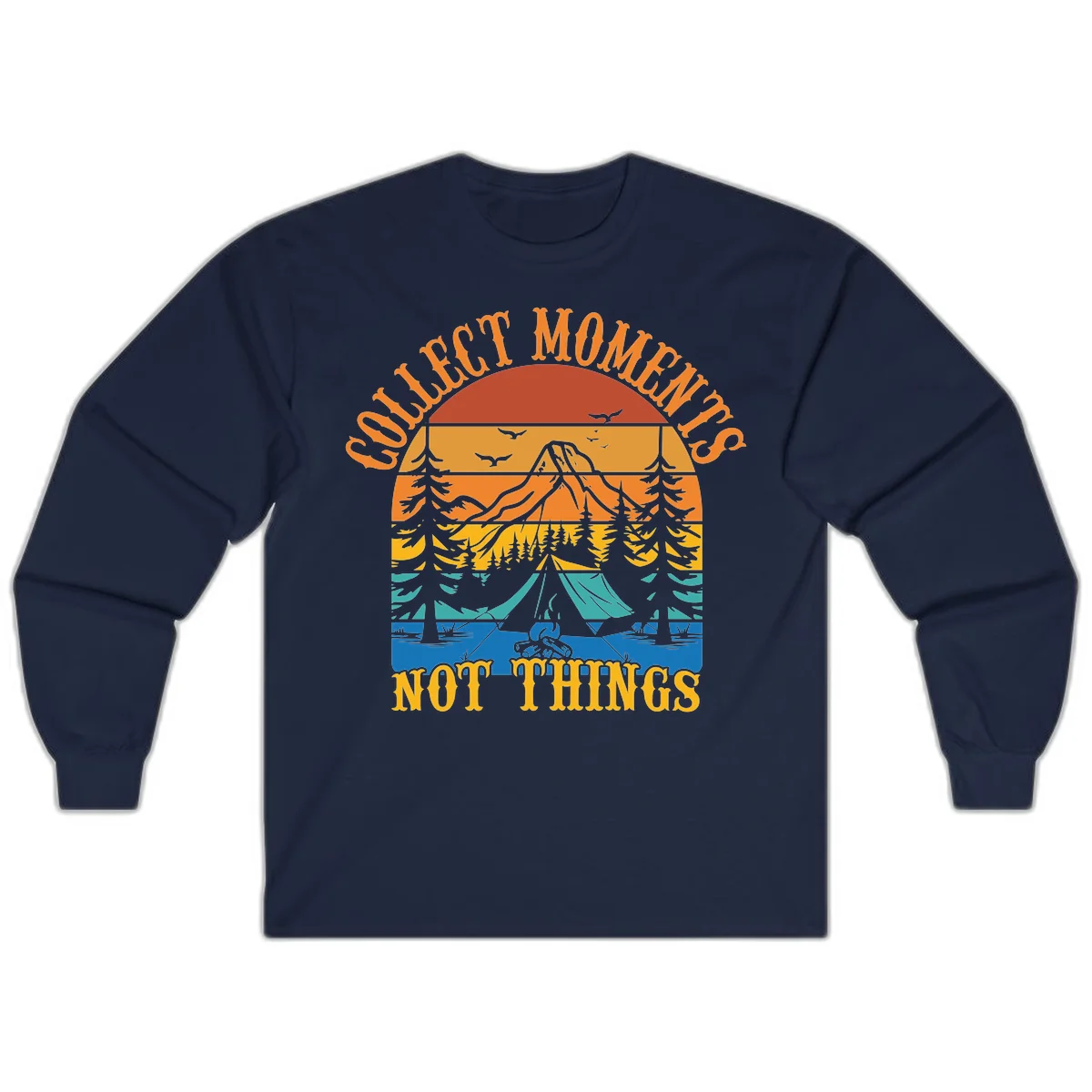 Retro layered landscape showing sunset, mountains, forest, tent and campfire with 'Quiet Mornings Not Things' text in Navy