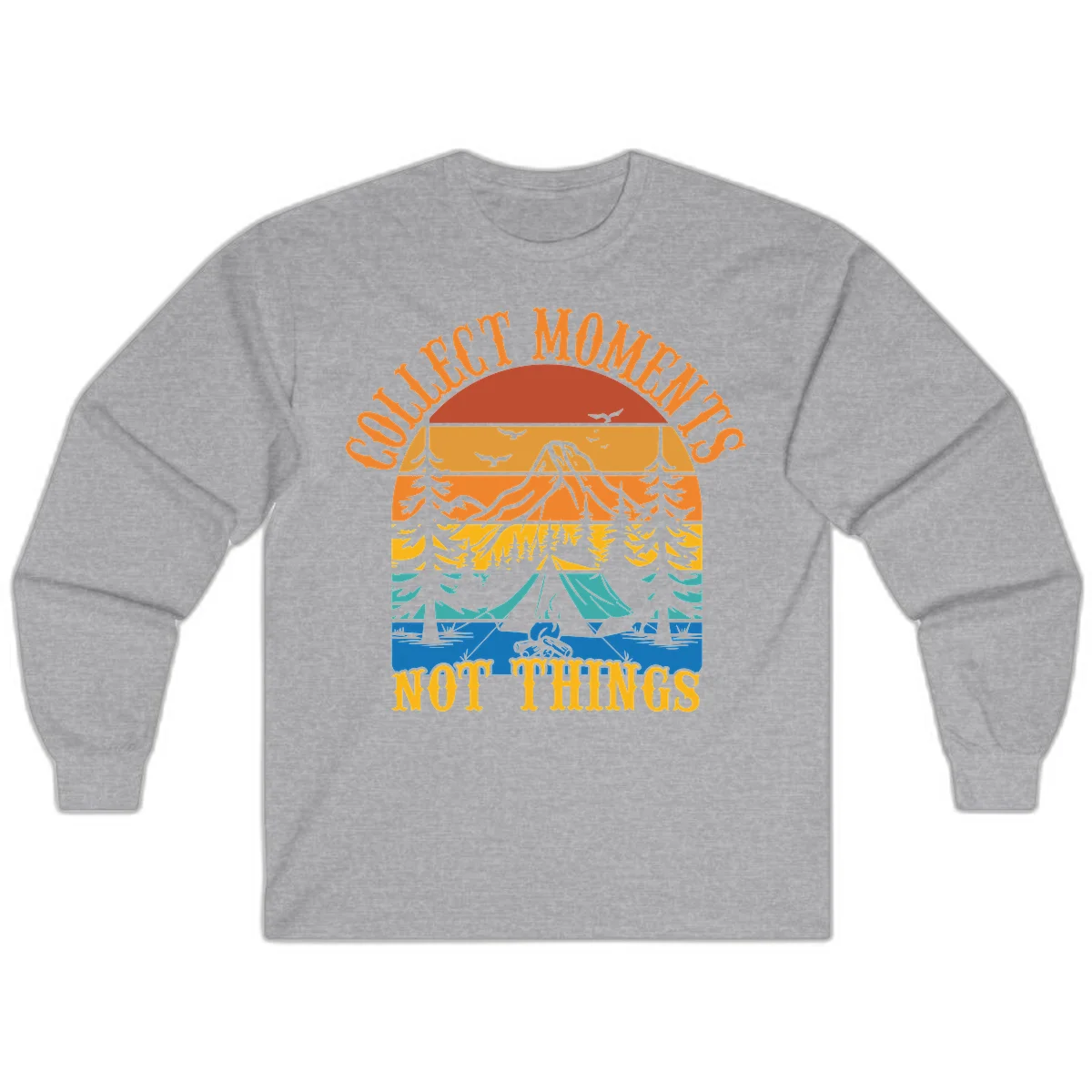 Retro layered landscape showing sunset, mountains, forest, tent and campfire with 'Quiet Mornings Not Things' text in Sport Grey