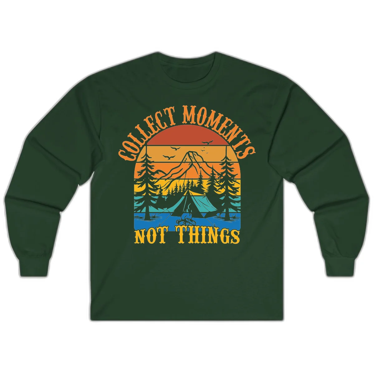 Retro layered landscape showing sunset, mountains, forest, tent and campfire with 'Quiet Mornings Not Things' text in Forest Green