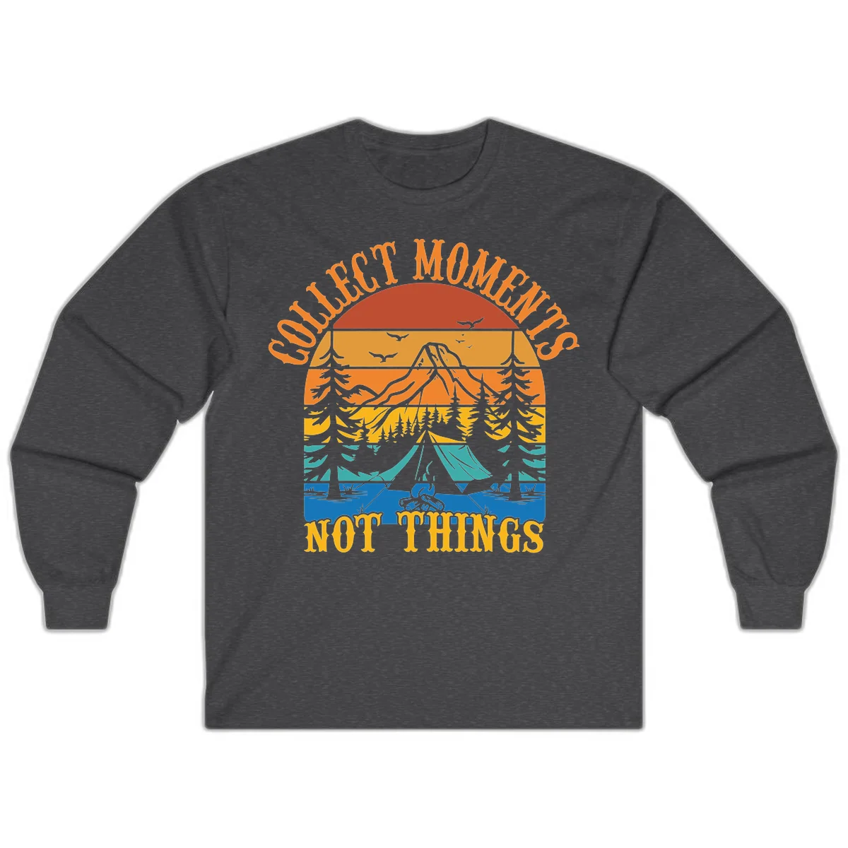 Retro layered landscape showing sunset, mountains, forest, tent and campfire with 'Quiet Mornings Not Things' text in Dark Heather