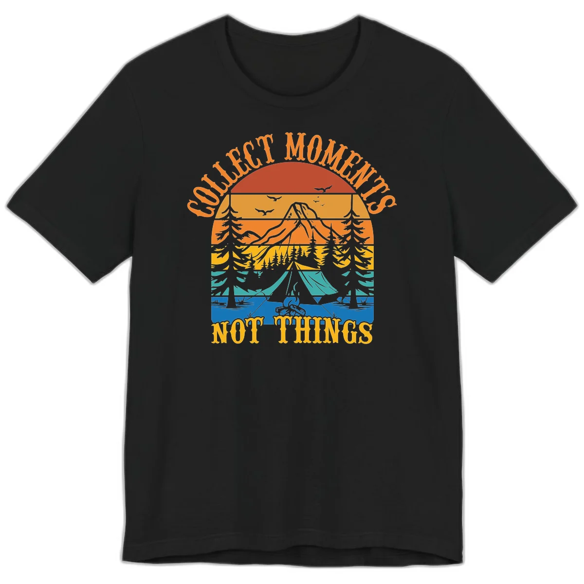 Retro layered landscape showing sunset, mountains, forest, tent and campfire with 'Quiet Mornings Not Things' text in Black