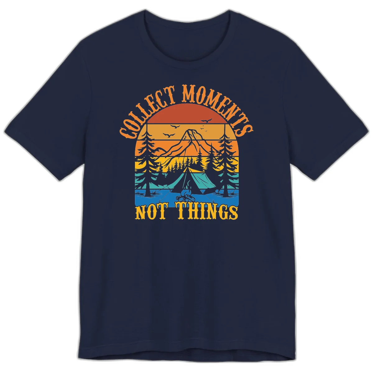 Retro layered landscape showing sunset, mountains, forest, tent and campfire with 'Quiet Mornings Not Things' text in Navy
