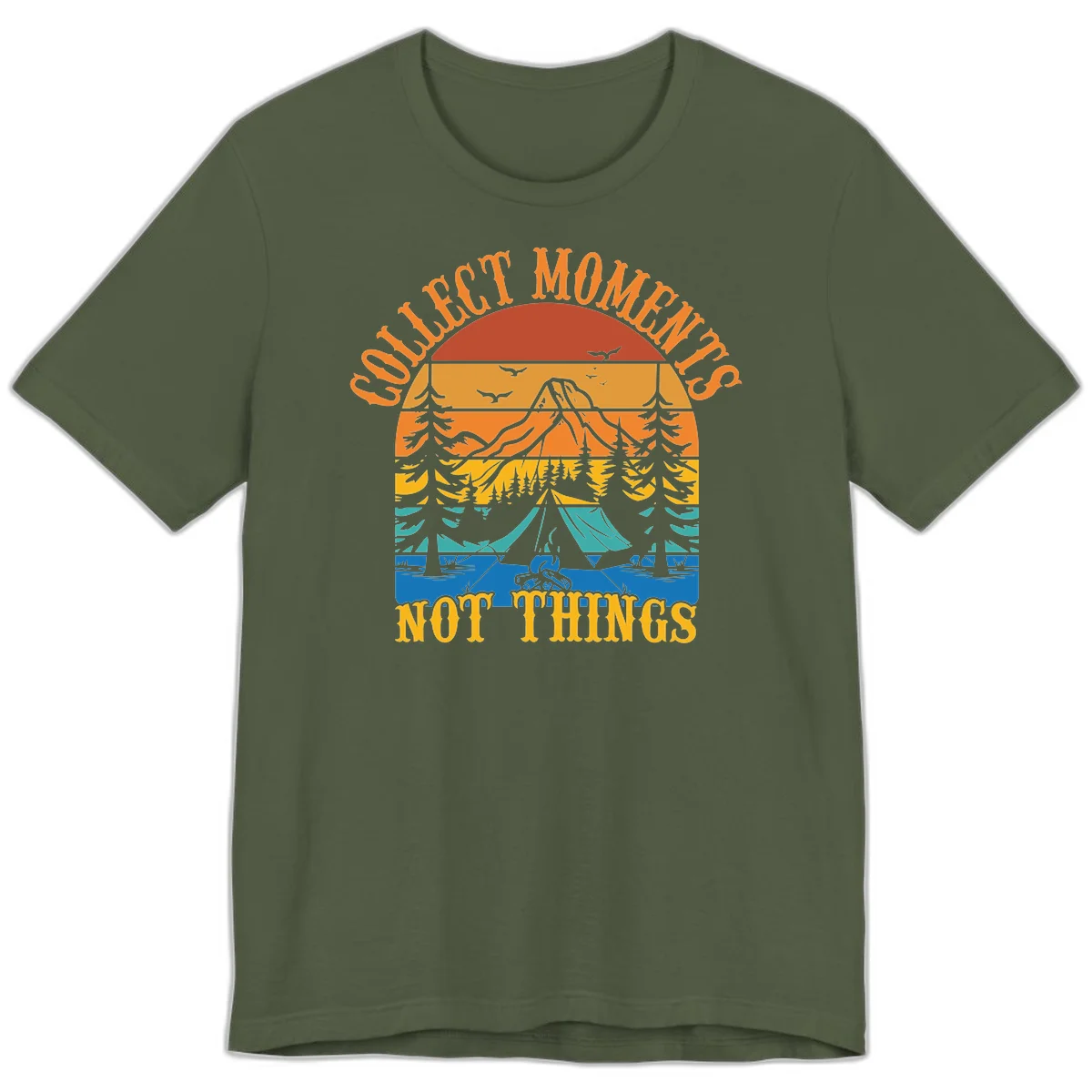 Retro layered landscape showing sunset, mountains, forest, tent and campfire with 'Quiet Mornings Not Things' text in Military Green