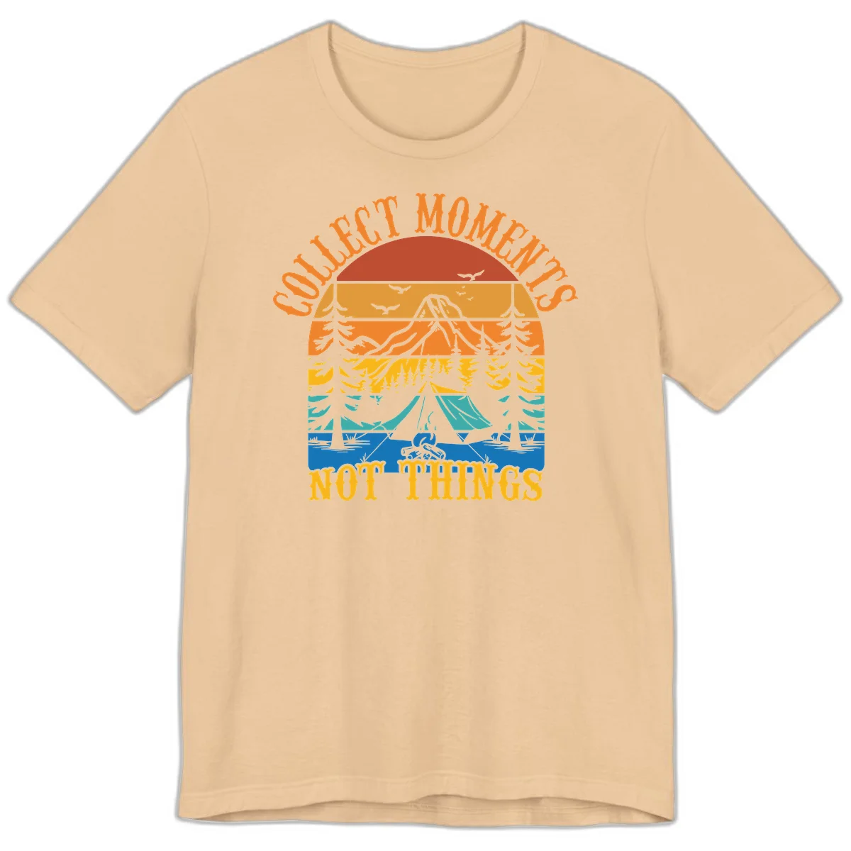Retro layered landscape showing sunset, mountains, forest, tent and campfire with 'Quiet Mornings Not Things' text in Sand Dune