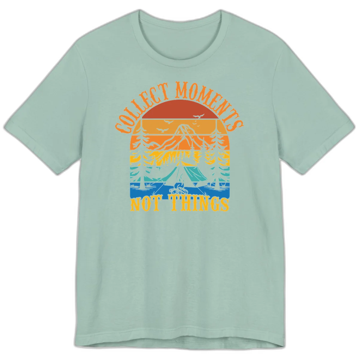 Retro layered landscape showing sunset, mountains, forest, tent and campfire with 'Quiet Mornings Not Things' text in Dusty Blue