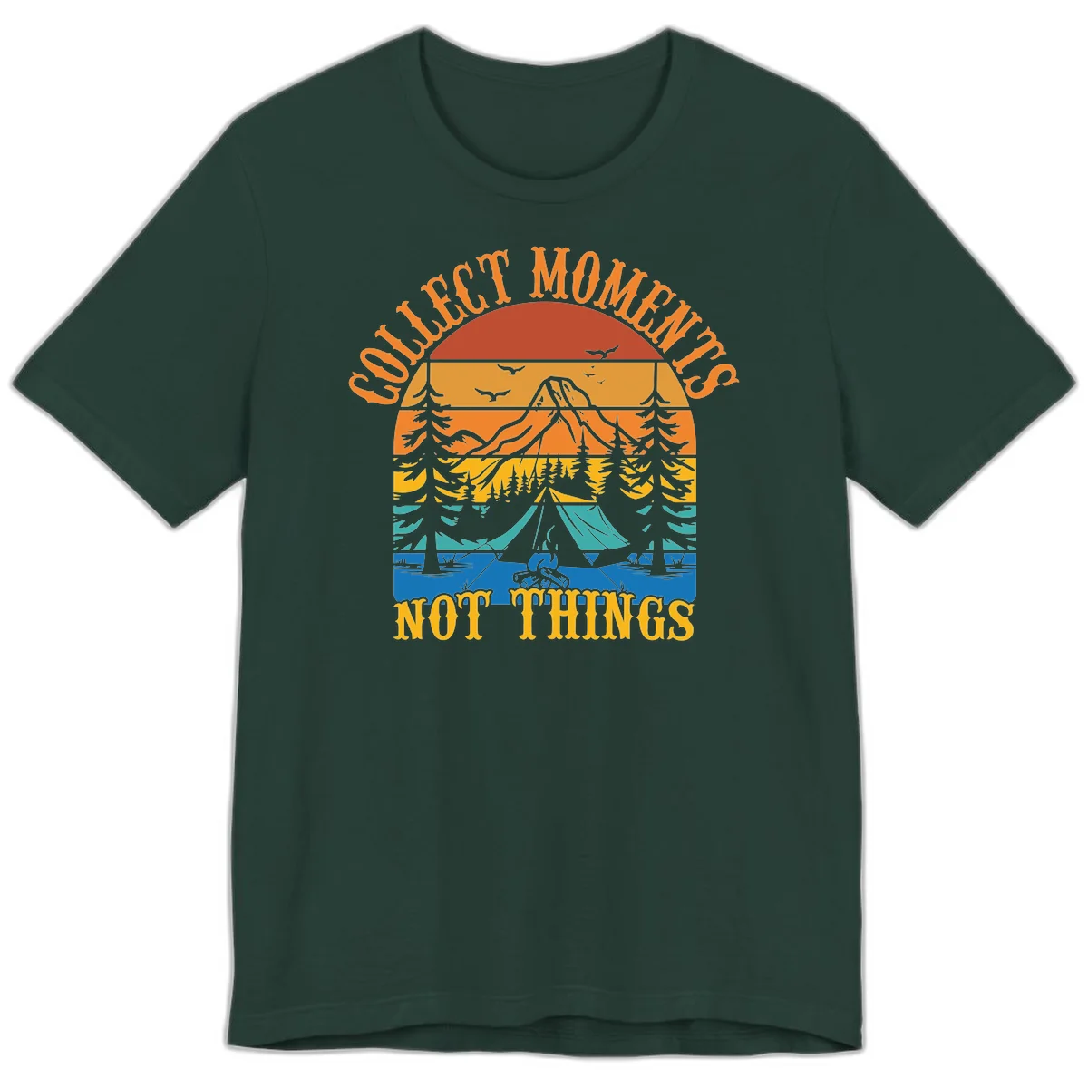 Retro layered landscape showing sunset, mountains, forest, tent and campfire with 'Quiet Mornings Not Things' text in Forest