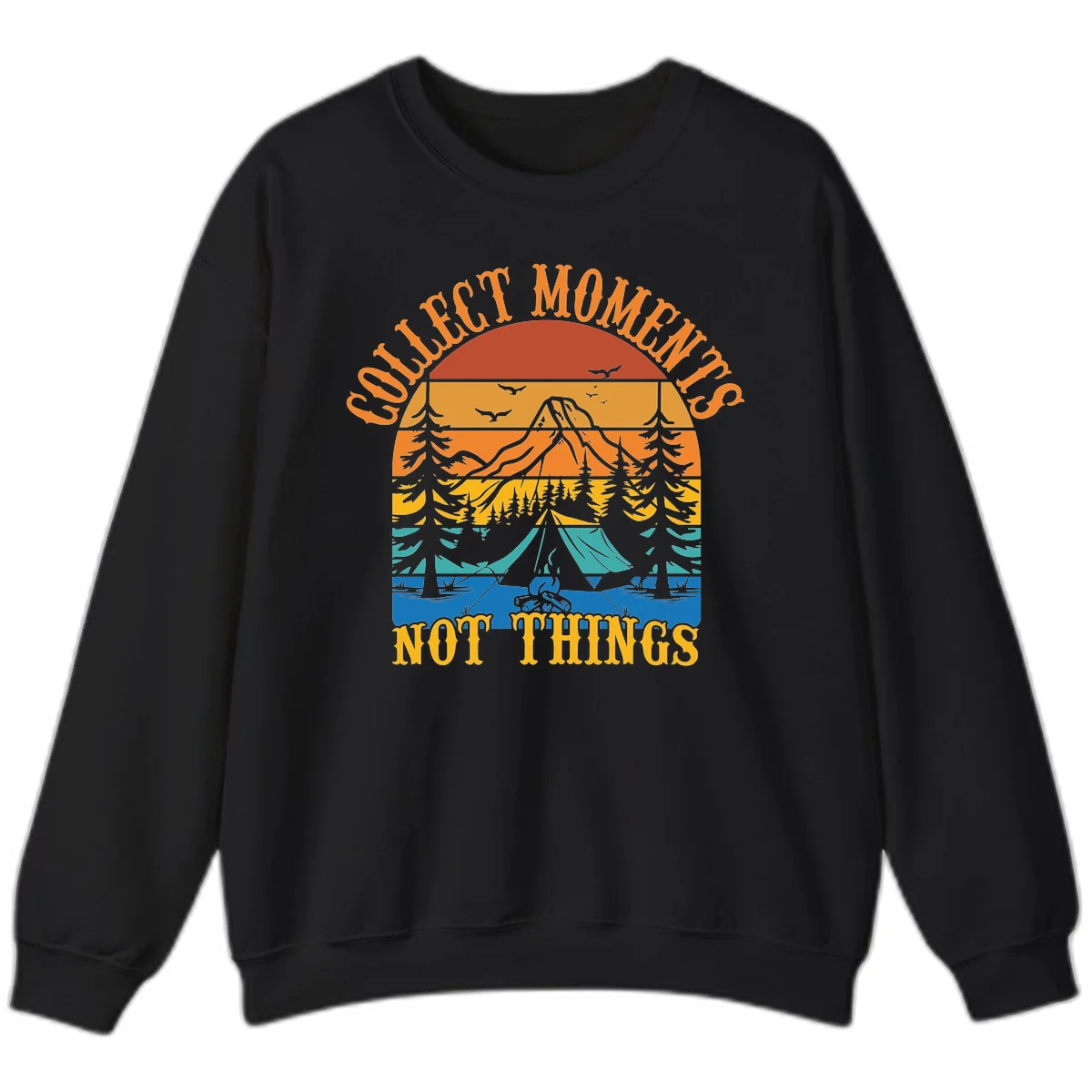Retro layered landscape showing sunset, mountains, forest, tent and campfire with 'Quiet Mornings Not Things' text in Black