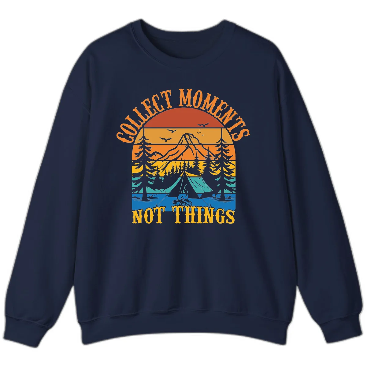 Retro layered landscape showing sunset, mountains, forest, tent and campfire with 'Quiet Mornings Not Things' text in Navy
