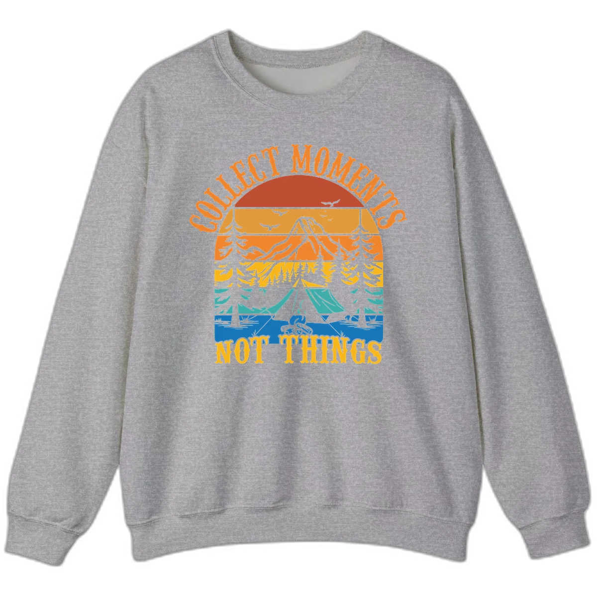 Retro layered landscape showing sunset, mountains, forest, tent and campfire with 'Quiet Mornings Not Things' text in Sport Grey