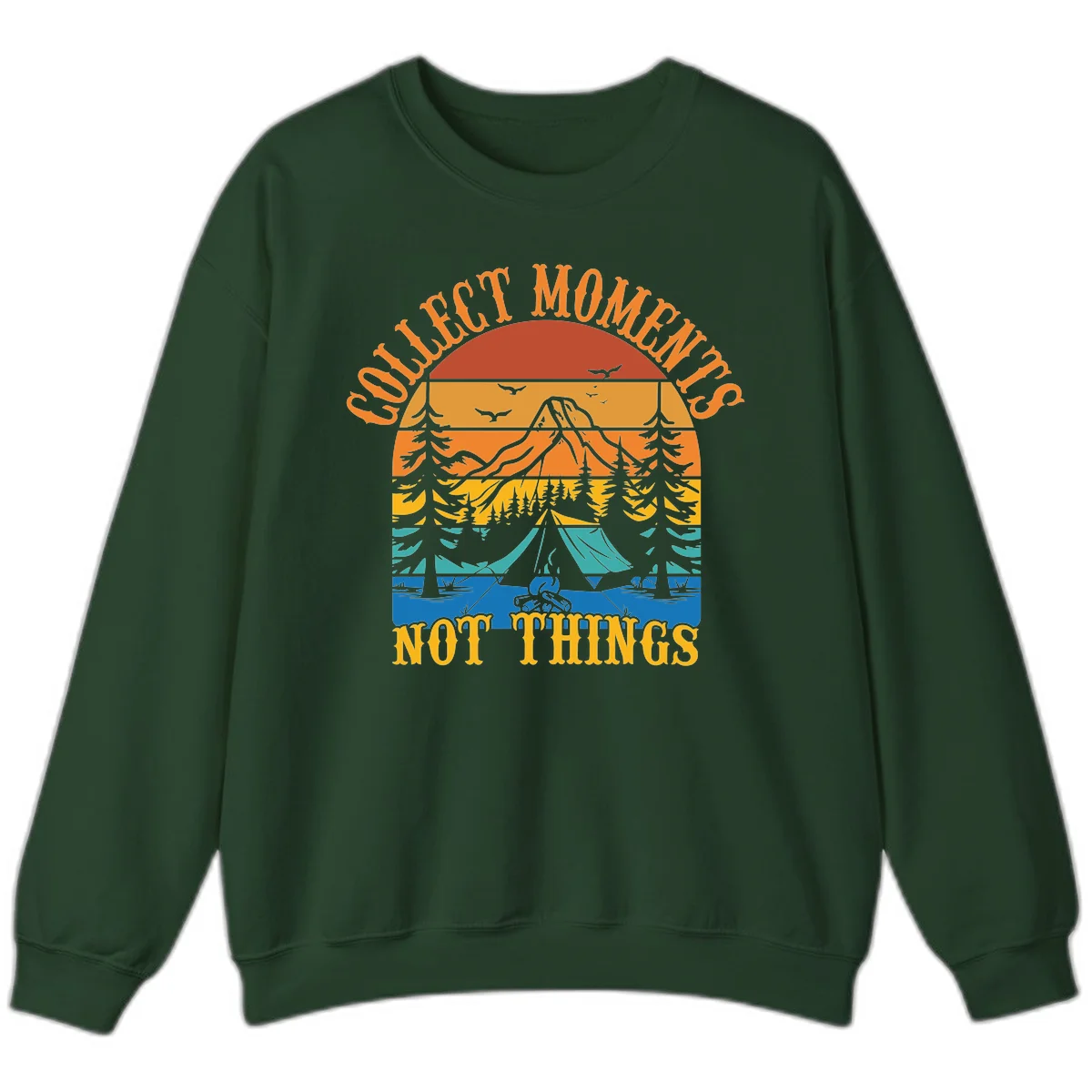 Retro layered landscape showing sunset, mountains, forest, tent and campfire with 'Quiet Mornings Not Things' text in Forest Green