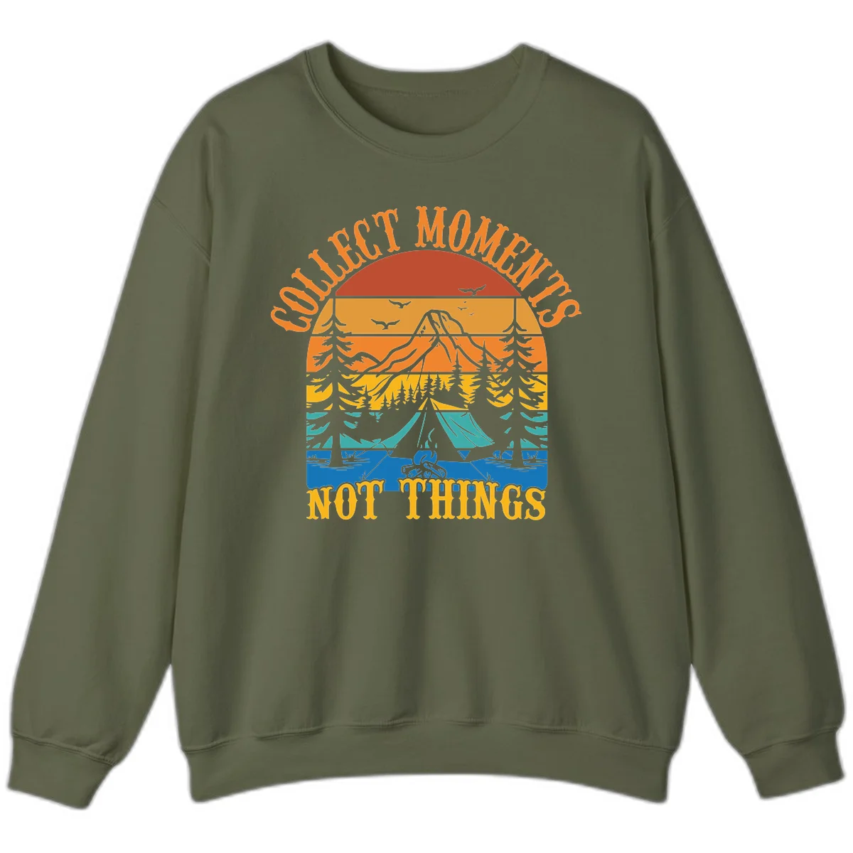 Retro layered landscape showing sunset, mountains, forest, tent and campfire with 'Quiet Mornings Not Things' text in Military Green