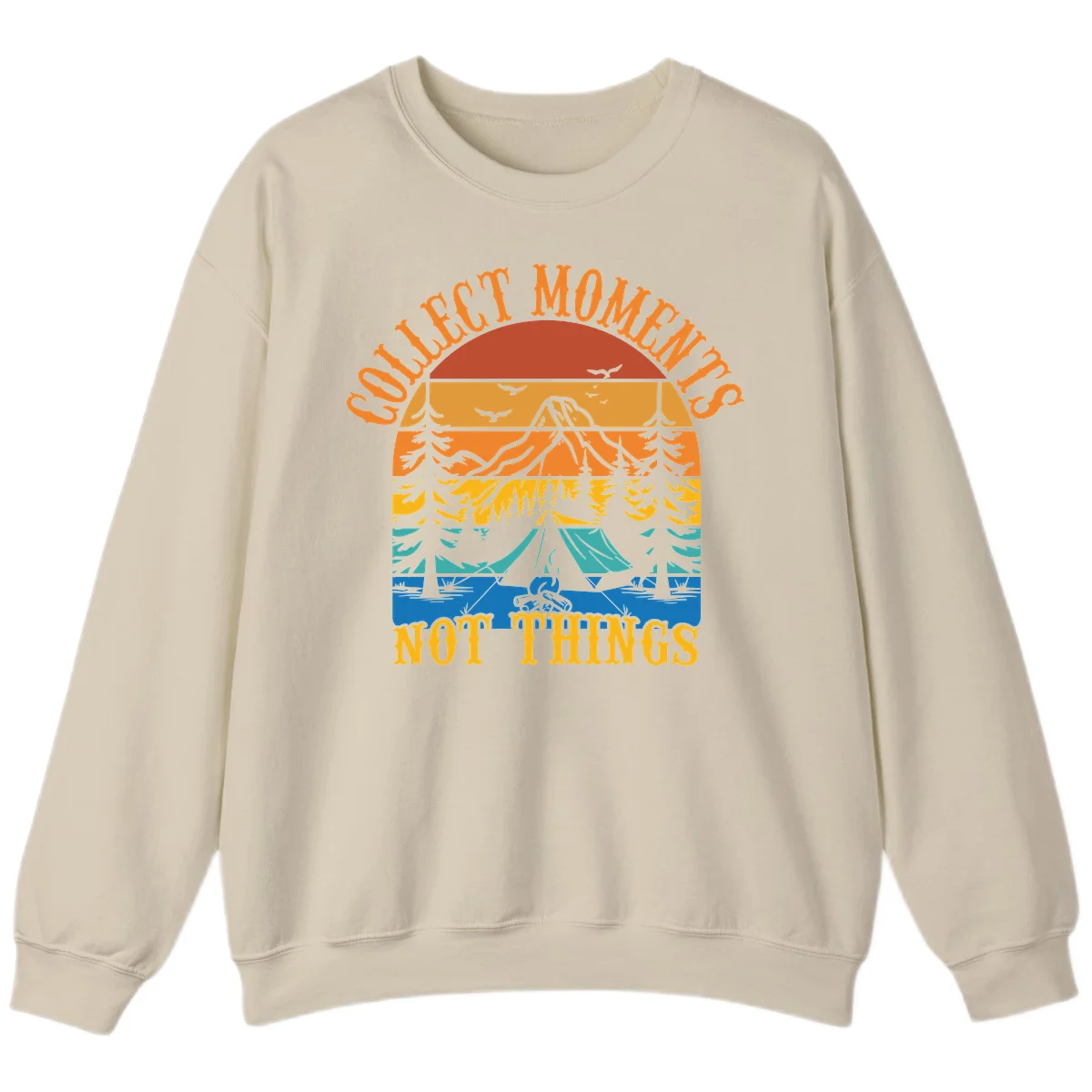 Retro layered landscape showing sunset, mountains, forest, tent and campfire with 'Quiet Mornings Not Things' text in Sand