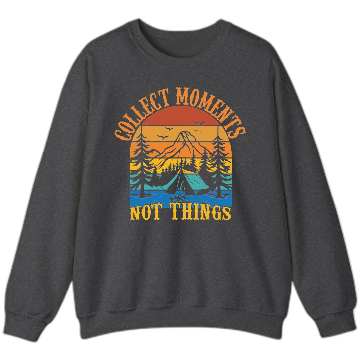 Retro layered landscape showing sunset, mountains, forest, tent and campfire with 'Quiet Mornings Not Things' text in Dark Heather