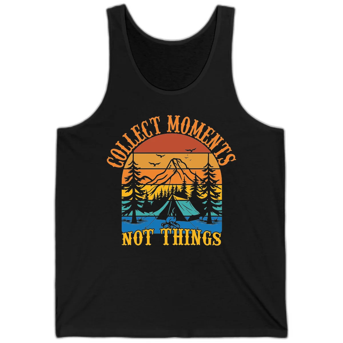 Retro layered landscape showing sunset, mountains, forest, tent and campfire with 'Quiet Mornings Not Things' text in Black