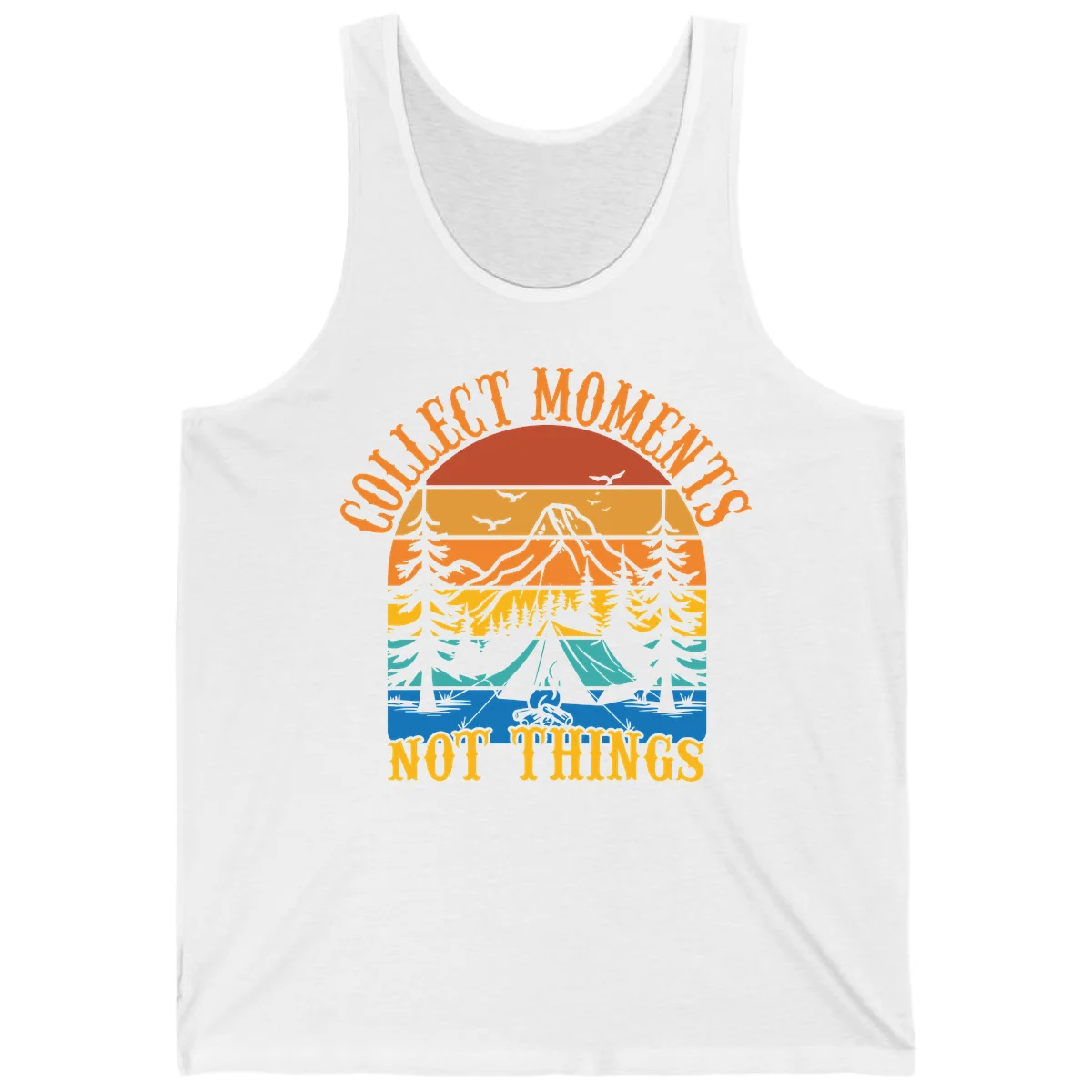 Retro layered landscape showing sunset, mountains, forest, tent and campfire with 'Quiet Mornings Not Things' text in White