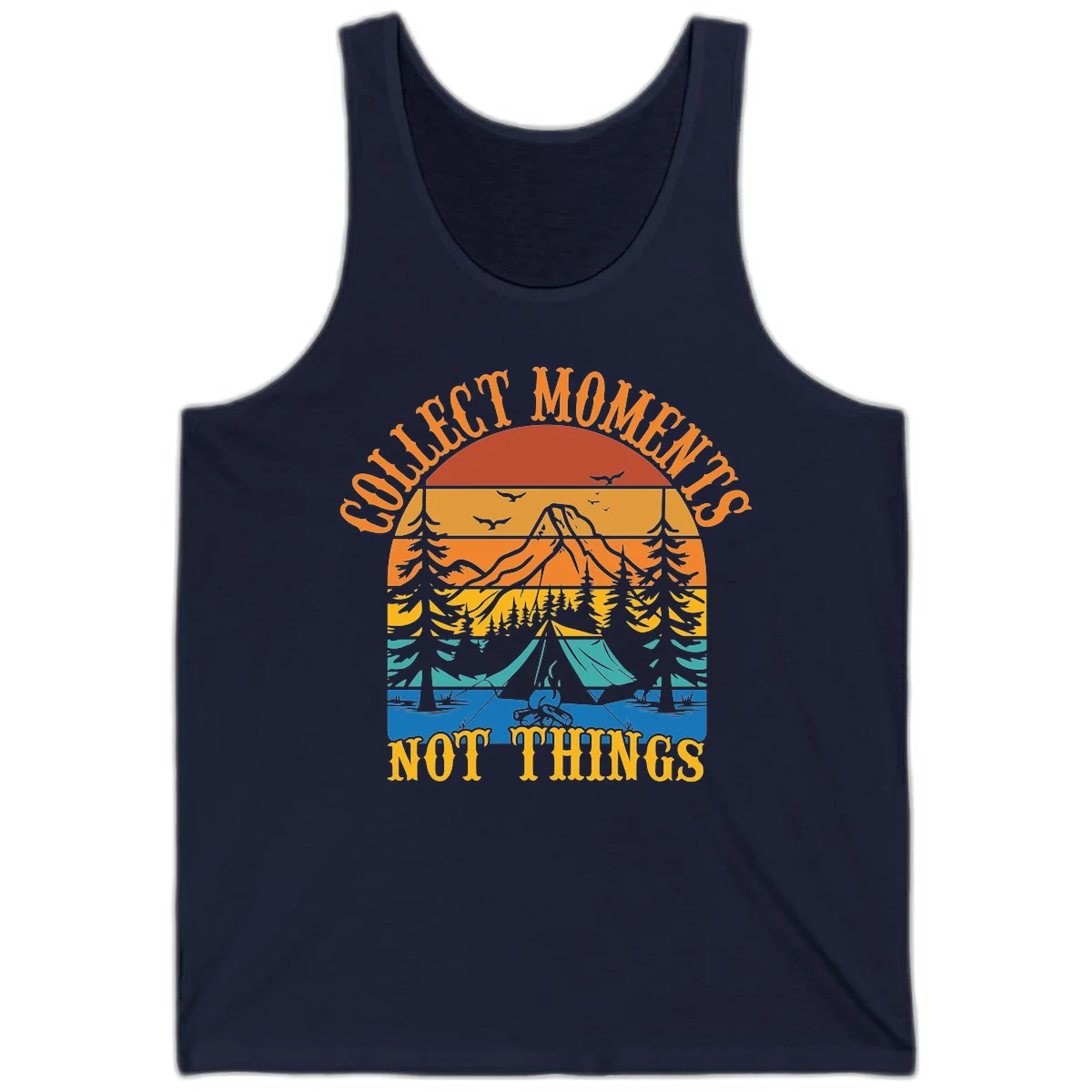 Retro layered landscape showing sunset, mountains, forest, tent and campfire with 'Quiet Mornings Not Things' text in Navy