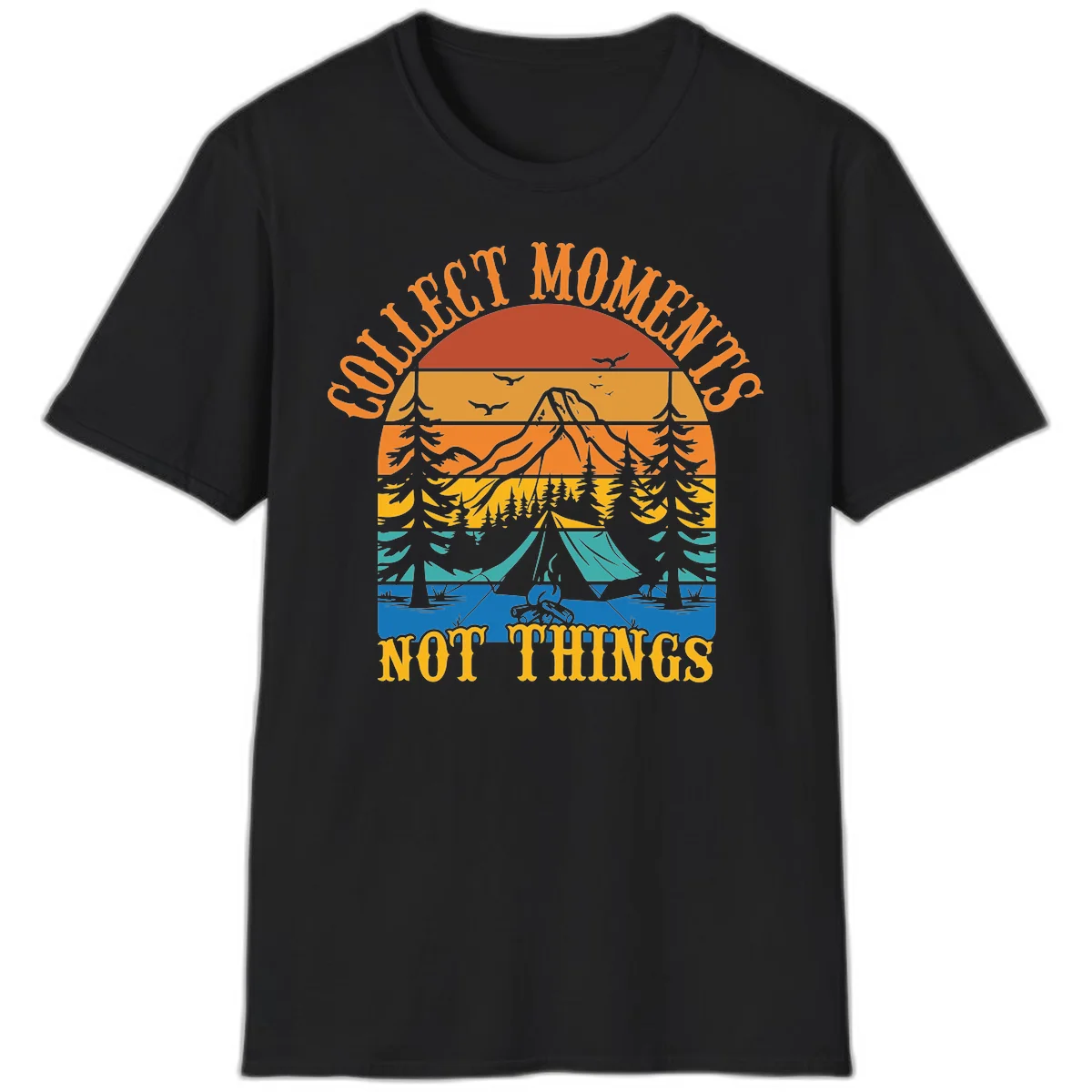Retro layered landscape showing sunset, mountains, forest, tent and campfire with 'Quiet Mornings Not Things' text in Black