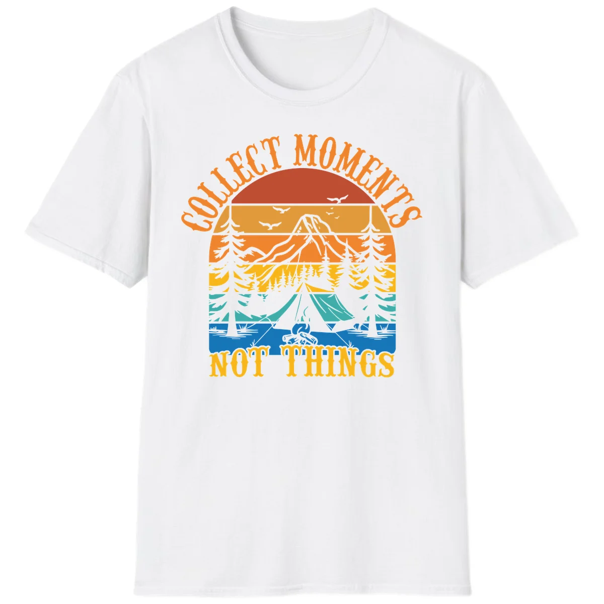 Retro layered landscape showing sunset, mountains, forest, tent and campfire with 'Quiet Mornings Not Things' text in White