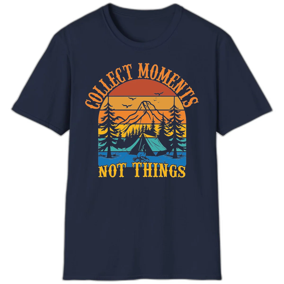 Retro layered landscape showing sunset, mountains, forest, tent and campfire with 'Quiet Mornings Not Things' text in Navy
