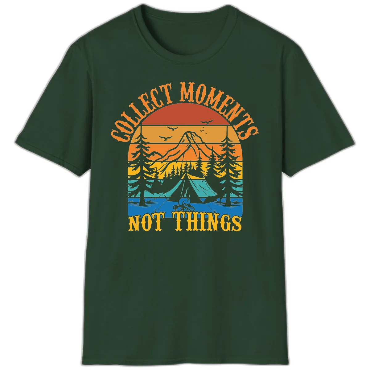 Retro layered landscape showing sunset, mountains, forest, tent and campfire with 'Quiet Mornings Not Things' text in Forest Green