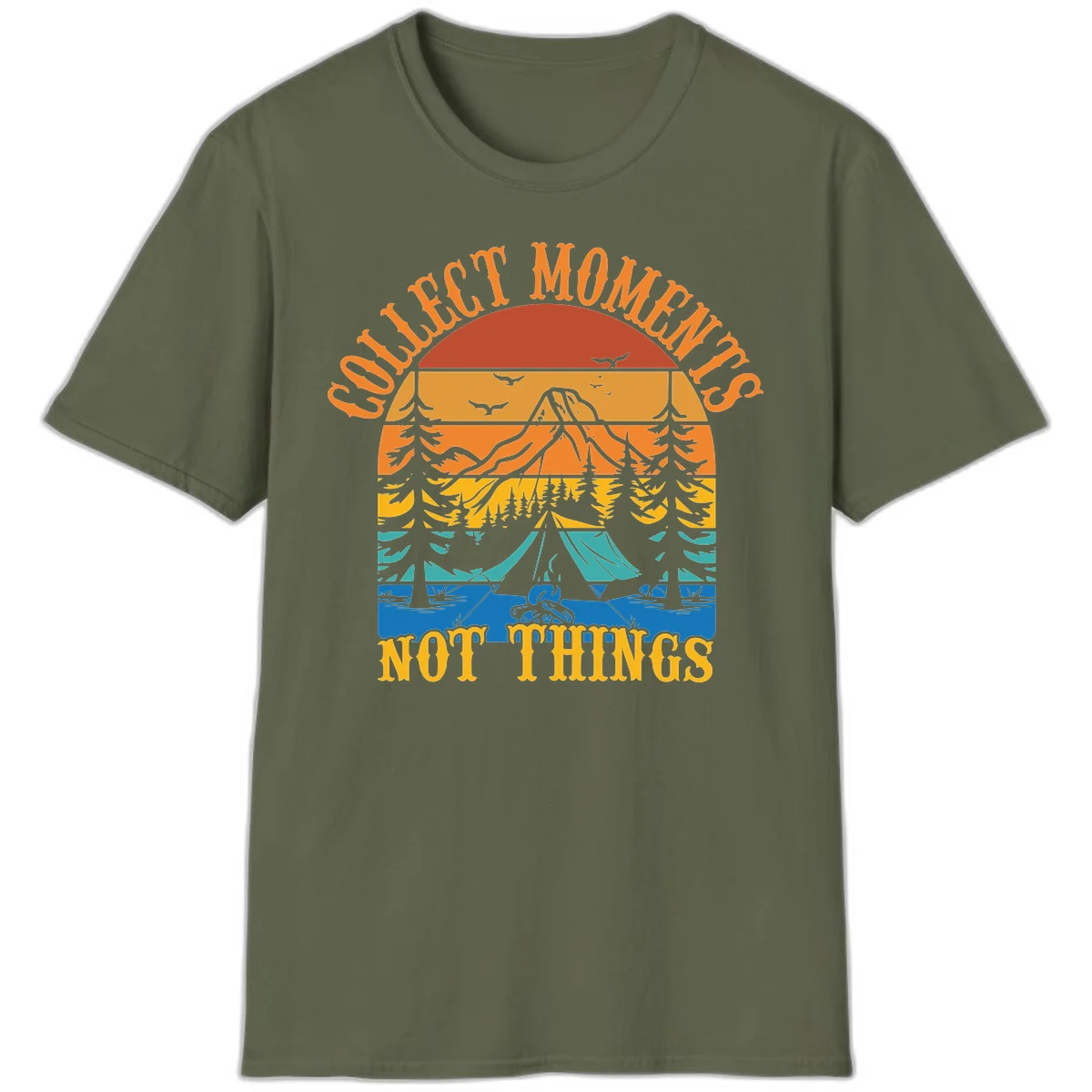 Retro layered landscape showing sunset, mountains, forest, tent and campfire with 'Quiet Mornings Not Things' text in Military Green